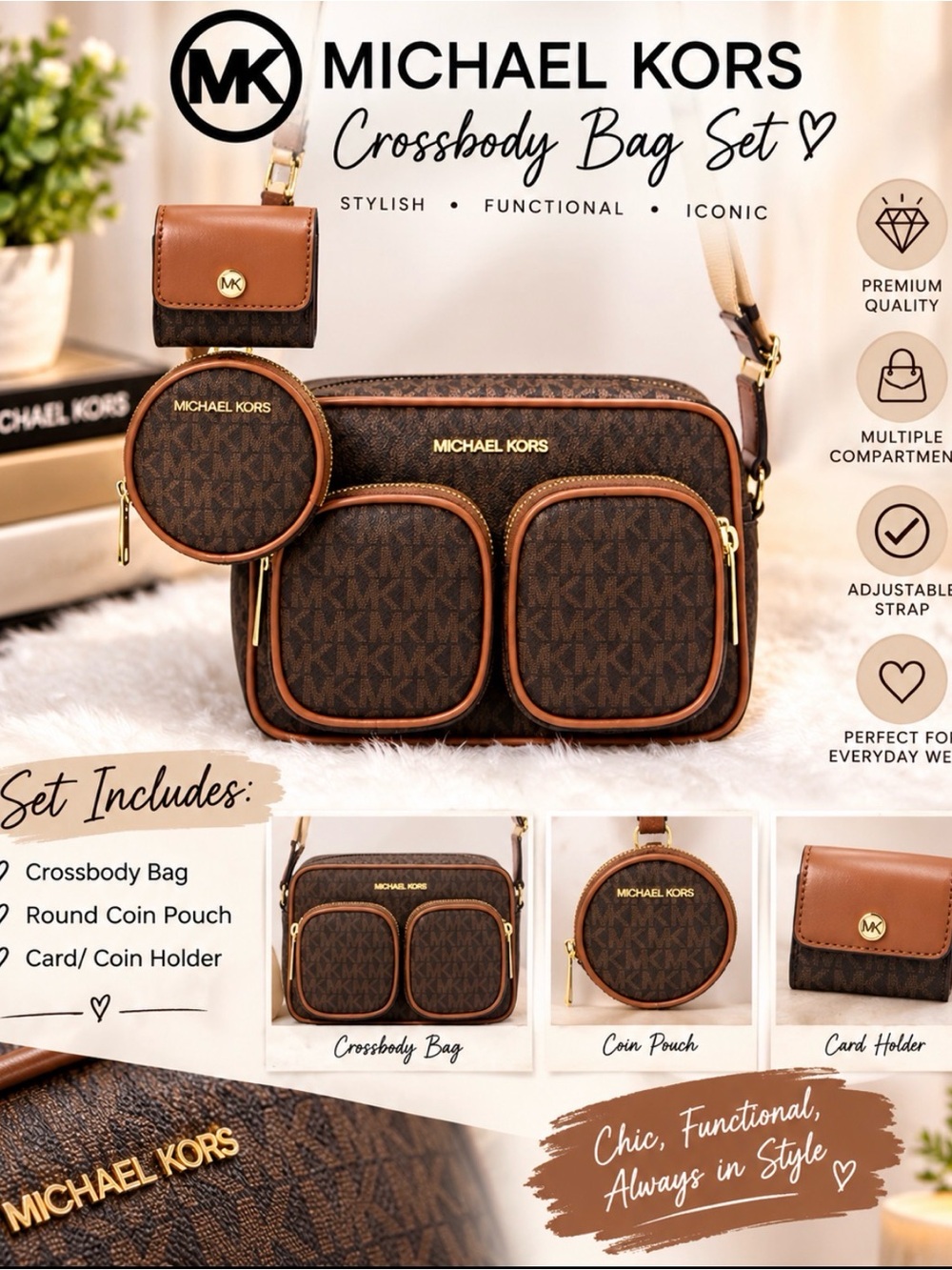 Michael Kors Brown and Tan Monogram Crossbody Bag Set